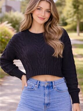 STR Navy Blue Cable Knit Cropped Sweater Drop Shoulder